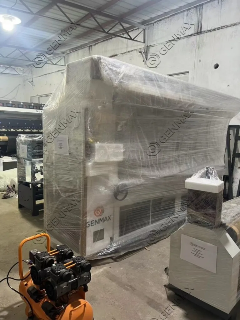 Factory technician inspecting ultrasonic quilting equipment before final packaging and shipment